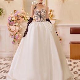 Ethnic Clothing Women White Satin Tube Top Prom Party Dress Formal Floral Print Floor Length A Line Evening Gown