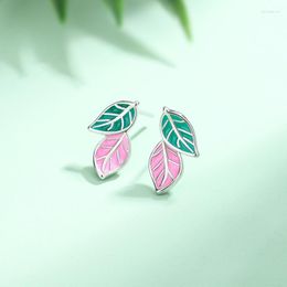 Stud Earrings Simple Fashion Leaf Silver Plated Sweet And Cute Dropping Glue Green Pink Leaves TYB301