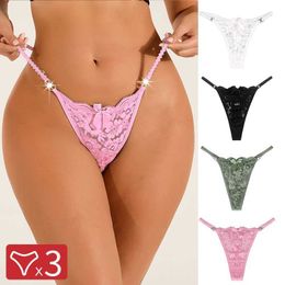 3PCS/Set Women Sexy Lace Panties Perspective Underwear Low Waist Thin Strap Rhinestone Thong G-string Breathable Soft Lingerie L230626