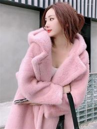 Women's Fur Mink Coat Women Pink Sweet Hooded Thick Warmth 2023 Winter Fashion Light Luxury Young Style Long Jacket Clothing