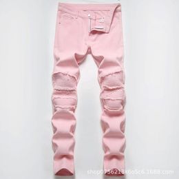 Men's Jeans 2023 Ripped Pink Patchwork Spring And Summer Casual High Street Straight Unloading Trousers