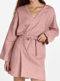 Women's Sleepwear Linad Casual Robes For Women Loose V Neck Long Sleeve Nightwear Sashes Cotton Bathrobe Female Solid Autumn Pyjamas