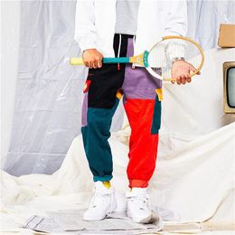 Hip Hip Men's Pants Vintage Colour Block Patchwork Corduroy Cargo Harem Pant Streetwear Harajuku Jogger Sweatpant Cotton Trousers