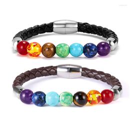 Charm Bracelets 8mm 7 Chakra Stone For Women Men Buddha Bless Healing Balance Beads Reiki Prayer Leather Rope Bracelet Jewellery