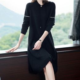 Casual Dresses Oversize Women'S Knitting Dress For Autumn Winter 2023 Causal Hooded Draw String Solid Loose Female Long Sweater Vestidos