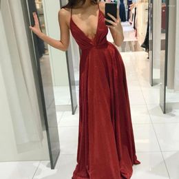 Casual Dresses 2023 Women A-Line Party Dress Sparkly Spaghetti Strap Backless Gown Low Cut Floor-Length Red Satin Prom Homecoming