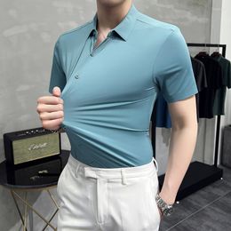 Men's Casual Shirts High Quality Solid Elasticity Seamless Short Sleeve Men Slim Social Business Formal Dress Shirt