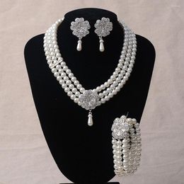 Necklace Earrings Set Luxury Pearl Wedding Jewelry 3 Pieces Bracelet Crystal Bling Flower Charm Layer Chain Vintage Bride