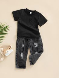 Clothing Sets Cute Toddler Girls Outfit Set Floral Print Short Sleeve Top Distressed Denim Jeans For Summer