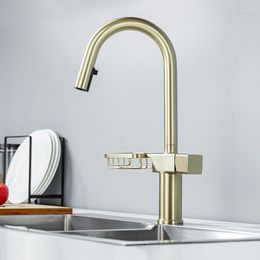 Kitchen Faucets Tuqiu Pull Out Faucet Brushed Gold Sink Mixer Tap Vanity Water Rotating With Basket Holder