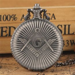 Big G masonry Masonic Pattern Pocket Watch Antique Vintage Silver Grey Quartz Clock Pendant Necklace Chain Gifts279m