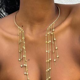 Choker Sexy Women Long Tassel Star Crystal Sequin Pearl Pendant Open Torques Necklace Vintage Chest Chain Wed Party Jewellery