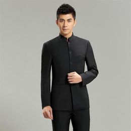 Black Groom Formal Tuxedos Mens Wedding Suits 2 Pieces Fashion High Collar Trim Fit Groomsmen Mandarin Lapel Men Suits For Wedding186i
