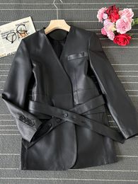 Women's Leather European Station Sheepskin Genuine Suit Coat V-Neck Belt Premium 2023 Spring