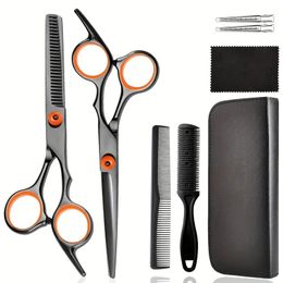 8pcs Hair Cutting Scissors Kits, Stainless Steel Hairdressing Shears Set Professional Thinning Scissors For Barber/Salon/Home/Men/Women/Kids//Pet (Black Orange)