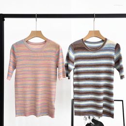 Women's Sweaters 2023 Summer Women Color Matching Striped Round Neck Short-sleeved Straight Elastic Wool Sweater Thin