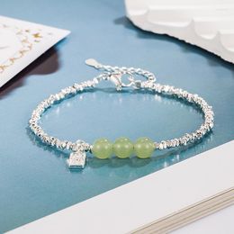 Link Bracelets Sterling Silver Color For Women Green Jade Balls Charm Hand Chain Orignal Fashion Jewelry