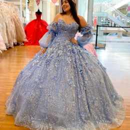 Sky Blue Quinceanera Dresses Ball Gown Applique Crystal 3DFlower Long Sleeved Sweet 16 Dresses Birthday Party Vestidos De XV Anos