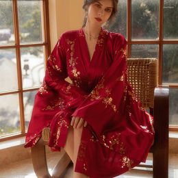 Women's Sleepwear Women Printing Long Sleeve Satin Kimono Bride Robe Red Robes Pyjamas Bathrobe Nightgown Bridal Dressing Gown