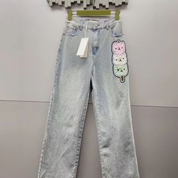 Designer women's anime Embroidery alphabet jeans Straight leg overalls Women's high waisted casual loose fit retro street stretch wide pants fashion
