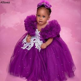 Adorable Purple Lace Crystals Flower Girl Dresses Ball Gown Tulle Elegant Lilttle Kids Birthday Pageant Weddding Gowns Long Toddler First Communion Dress CL2675