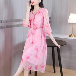 Casual Dresses Elegant Silk Tie-dye Printed Dress For Women Middle-aged Mother V-neck Waist Slimming