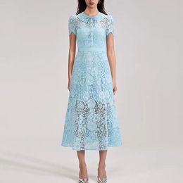 Designer dress early autumn women designer clothing light blue lapel bow lace diamond waist up dress