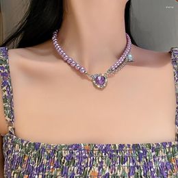 Gargantilha de luxo coração ametista elegante colar de pérolas para mulheres roxo brilhante cristal em camadas contas hokers design festa jóias 2023