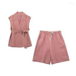 Women's Tracksuits Ladies Suit Collar Linen Vest Top High-rise Straight-leg Tie Shorts Two Piece