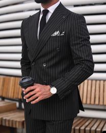 Black Striped Men Wedding Suits Peaked Lapel Groom Wear 2 Pieces Business Evening Party Custom Made( Jacket+Pants)