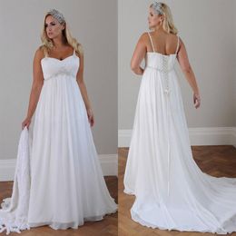 Plus Size Summer Beach Wedding Dress Chiffon A Line 2021 Spaghetti Straps Backless Bridal Gowns Sequins Beaded Appliqued Lace Robe256C