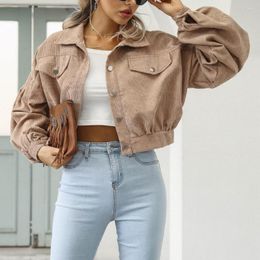 Women's Jackets Women Cropped Jacket Vintage Corduroy Coat Stylish Autumn With Lantern Sleeves Single Breasted For Modern