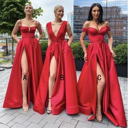Sexy High Slit Red Bridesmaid Dresses Square Collar Spaghetti Strap Pocket A Line 2021 Women Long Wedding Party Dress Vestidos303y