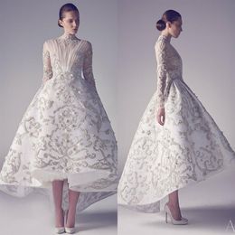 Ashi Studio Couture Evening Dresses Lace 3D Floral Applique Bead High Collar High Low Prom Dress Long Sleeve Custom Made Formal Pa2103