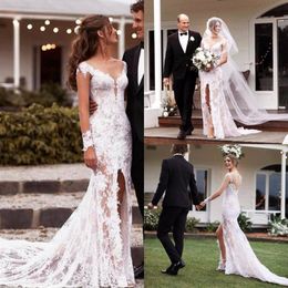 Sexy Beach Bohemian Boho Lace Mermaid Wedding Dresses Long Sleeve Open Back Full Lace Country Wedding Dress Bridal Gowns Vestdiso 243Y