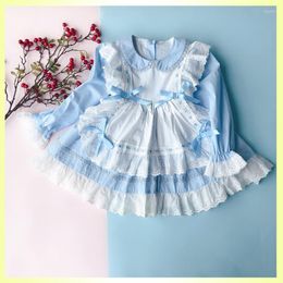 Girl Dresses 2023 Autumn Girls Long Sleeve Spanish Lolita Princess Little Lace Bow Blue Pink Dress For 1 2 3 4 5 6 Years Kids
