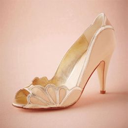 Blush Wedding Shoes Scallop Heel Peep Toe Bridal Sandal Pumps PU Leather 3 Kitten Heels Stilettos Blue Bridal Shoe Slip-on P318M