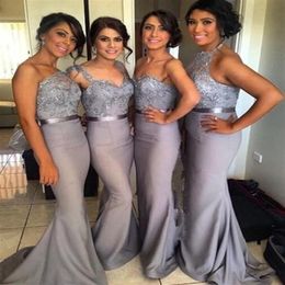 Silver Grey Mermaid Long Bridesmaid Dresses with Applique Lace Ribbon One-Shoulder Vestidos Lady wear Wedding Formal Party Gowns 2328Y