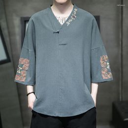 Мужские футболки для футболок летняя винтажная вышивка Тант костюм китайский стиль v Шея хлопковые льня