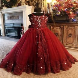 Burgundy 2021 Flower Girl Dresses Ball Gown Little Girl Birthday Party Dresses Vintage Off Shoulder Communion Pageant Dresses277b