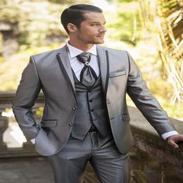 Handsome Shiny Silver Gray Groom Tuxedos Notch Lapel Man Prom Suit Party Dress Mens Business Suits Jacket Pants Vest Tie NO431267m