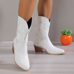 Boots Women's Embroidered Western Knee High Boots Cowboy Cowgirl Boots Chunky Heel Platform Boots Women Western Shoes 230807