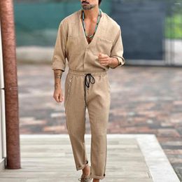 Men's Tracksuits Men Vintage Matching Set Solid Color V-Neck Button Shirt With Double Pockets Drawstring Fashion Pants Two Piece Clothing