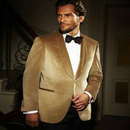 Gold Velvet Jacket Shawl Lapel Mens Suit Slim Fit Tuxedo Formal Groom Prom Dinner Suit Custom Made One Piece Coat280Z
