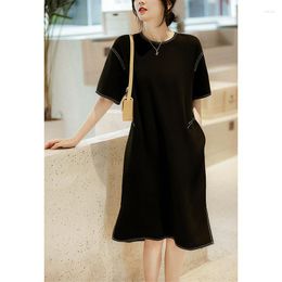 Ethnic Clothing Little Black Qipao Skirt Bright Line Loose Dress 2023 Summer Slit Fashion Traditional Chinese Style Cheongsam