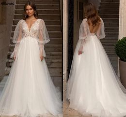Puffy Long Sleeves A Line Wedding Dresses Romantic Tulle Boho Sexy Deep V Neck Plus Size Bridal Gowns Backless Lace Appliqued Second Reception Robes For Bride CL2678