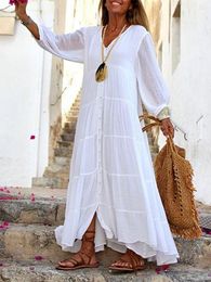 Casual Dresses Streetwear Loose Cotton Linen Dress Women Summer Clothes Solid V-Neck Button Up Maxi Long Beachwear Vestido