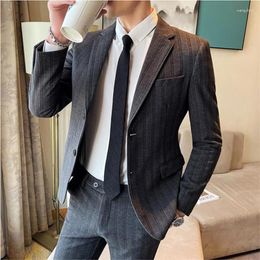 Men's Suits British Style Autumn/Winter Wool Set Fashion Striped Jacket With Long Pants Slim Fit Groom High Quality Wedding