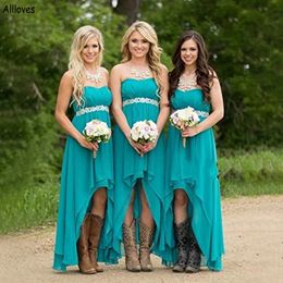 Hi-lo Hunter Blue Chiffon A Line Bridesmaid Dresses Plus Size Rustic Country Western Wedding Guest Party Gowns Sweetheart Sexy Cowgirl Maid Of Honor Dress CL2671