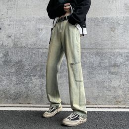 Men's Jeans Yellow Mud Dyed Distressed Vintage Straight Leg Harajuku Fashion High Street Stacked Denim Jean For Men Baggy Clothing